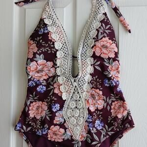 Kona Sol Burgundy Floral Crochet Trim Plunge One-Piece Swimsuit M floral lined